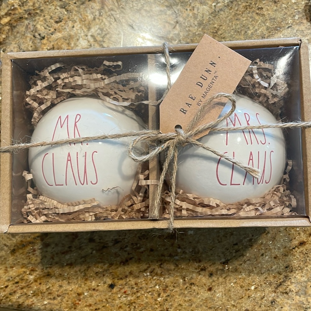 Rae Dunn Christmas Ornaments Set- Ceramic Mr. Claus Mrs. Claus